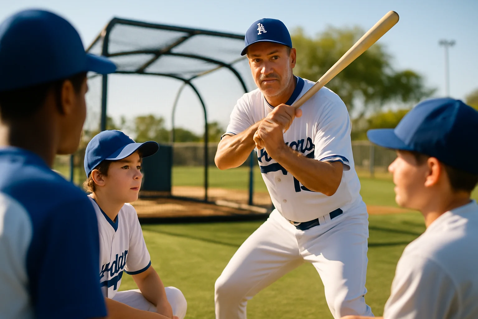 凱爾·塔克在道奇春訓中指導年輕球員打擊技巧的場面
