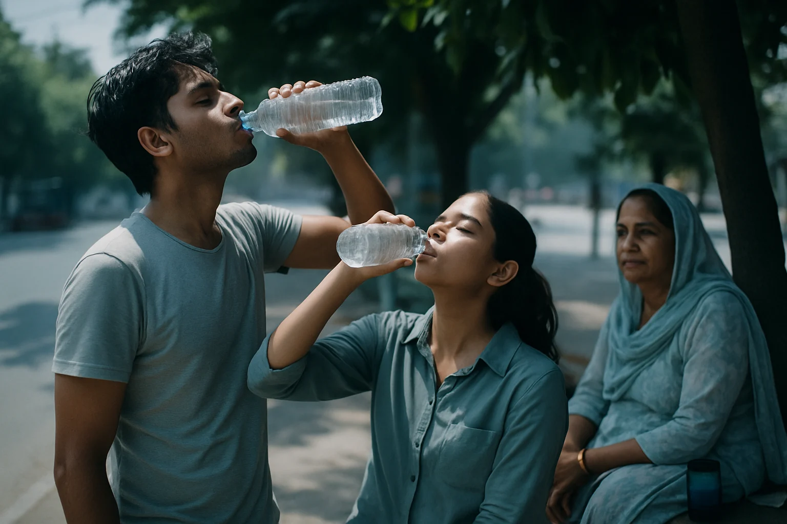 गर्मी से बचाव के लिए पानी पीते लोग और छाँव में बैठे लोग