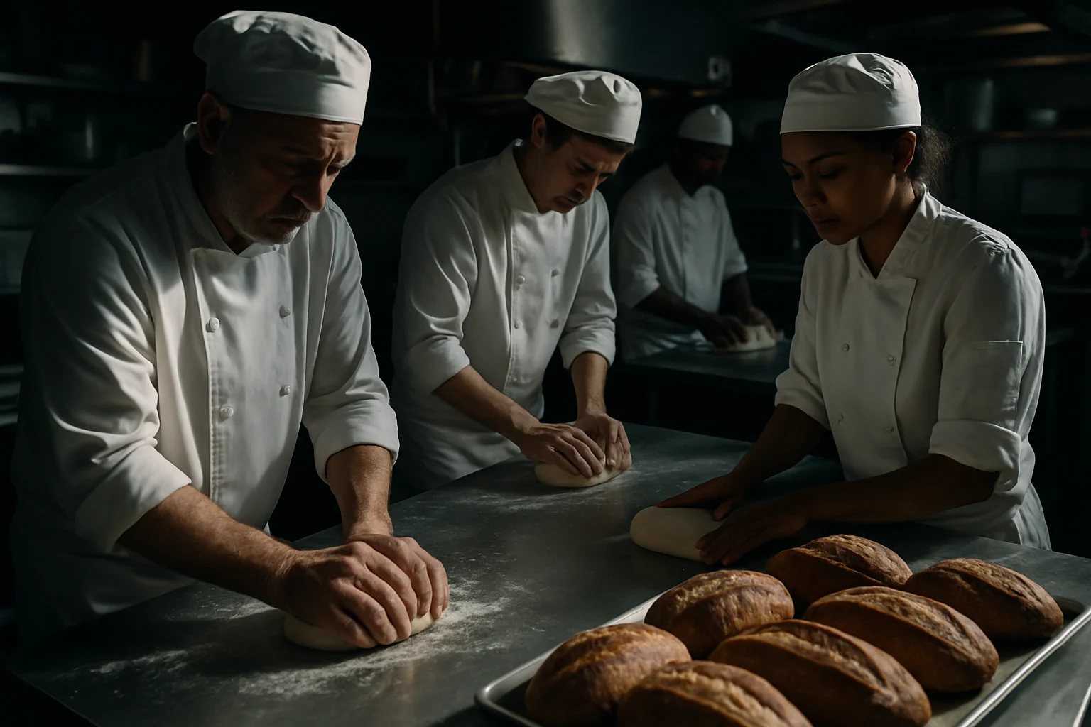 鎌倉パスタの厨房で働くスタッフがパンを準備している様子