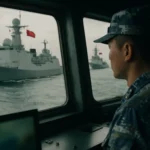 解放军东部战区海军舰艇在台湾海峡执行警戒任务的场景