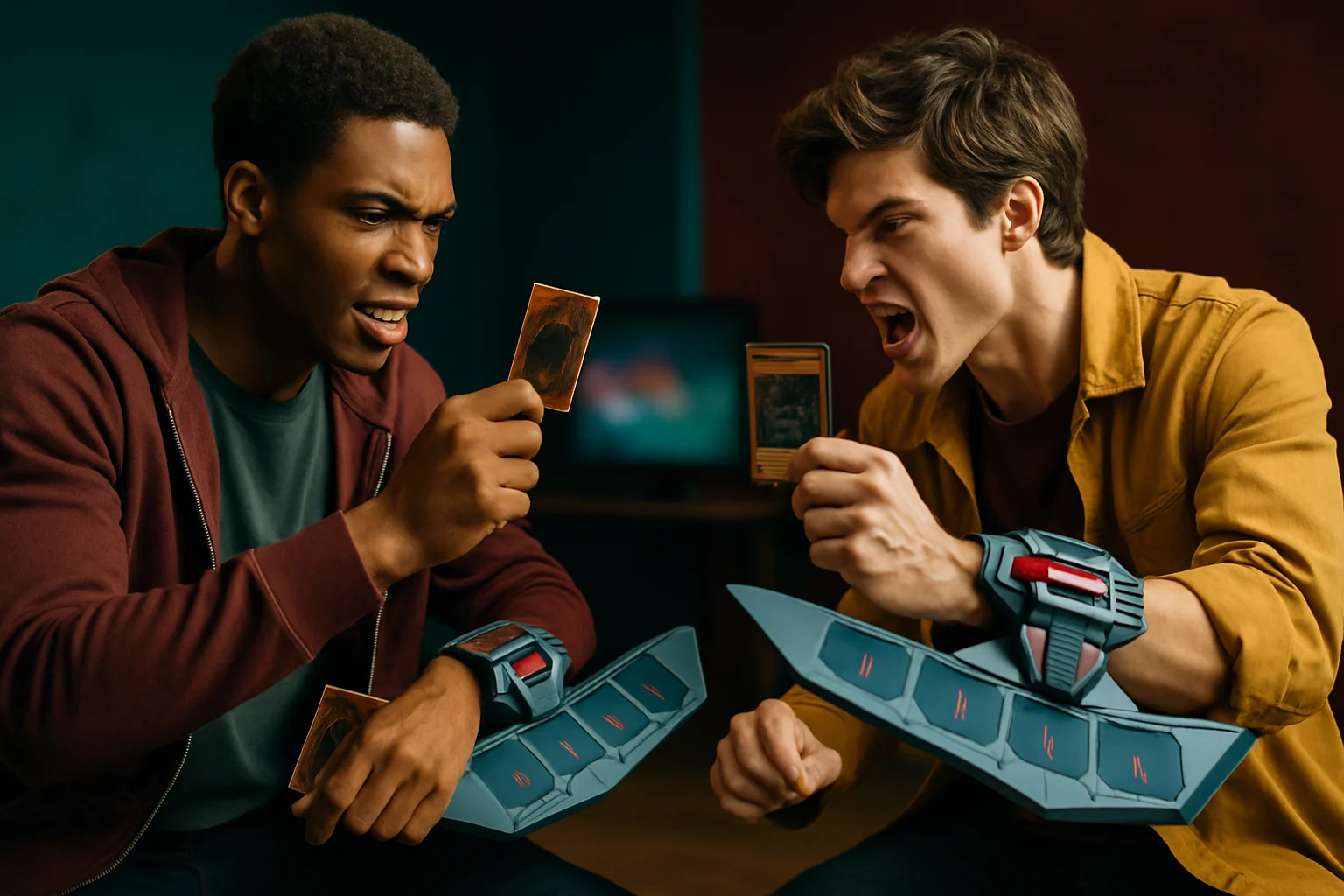 風間俊介がデュエルディスクを装着し真剣な表情でカードを見つめるCM撮影の一コマ