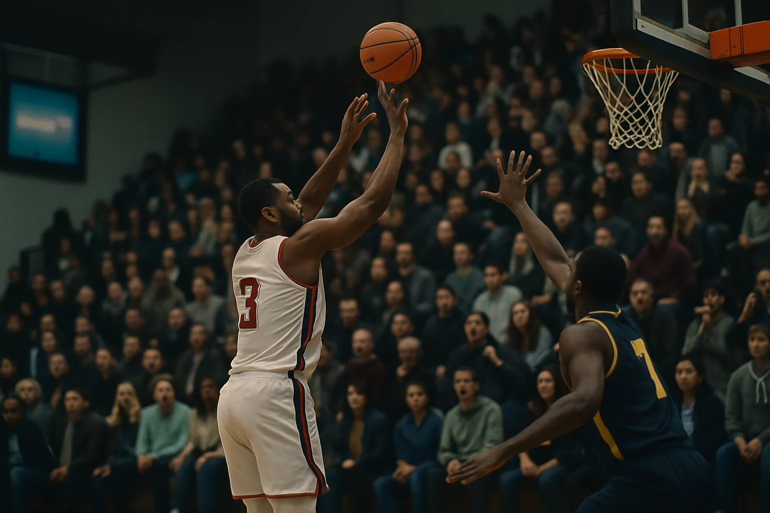 克雷·湯普森身穿金州勇士球衣在角落三分線外準備出手,背景是滿場觀眾