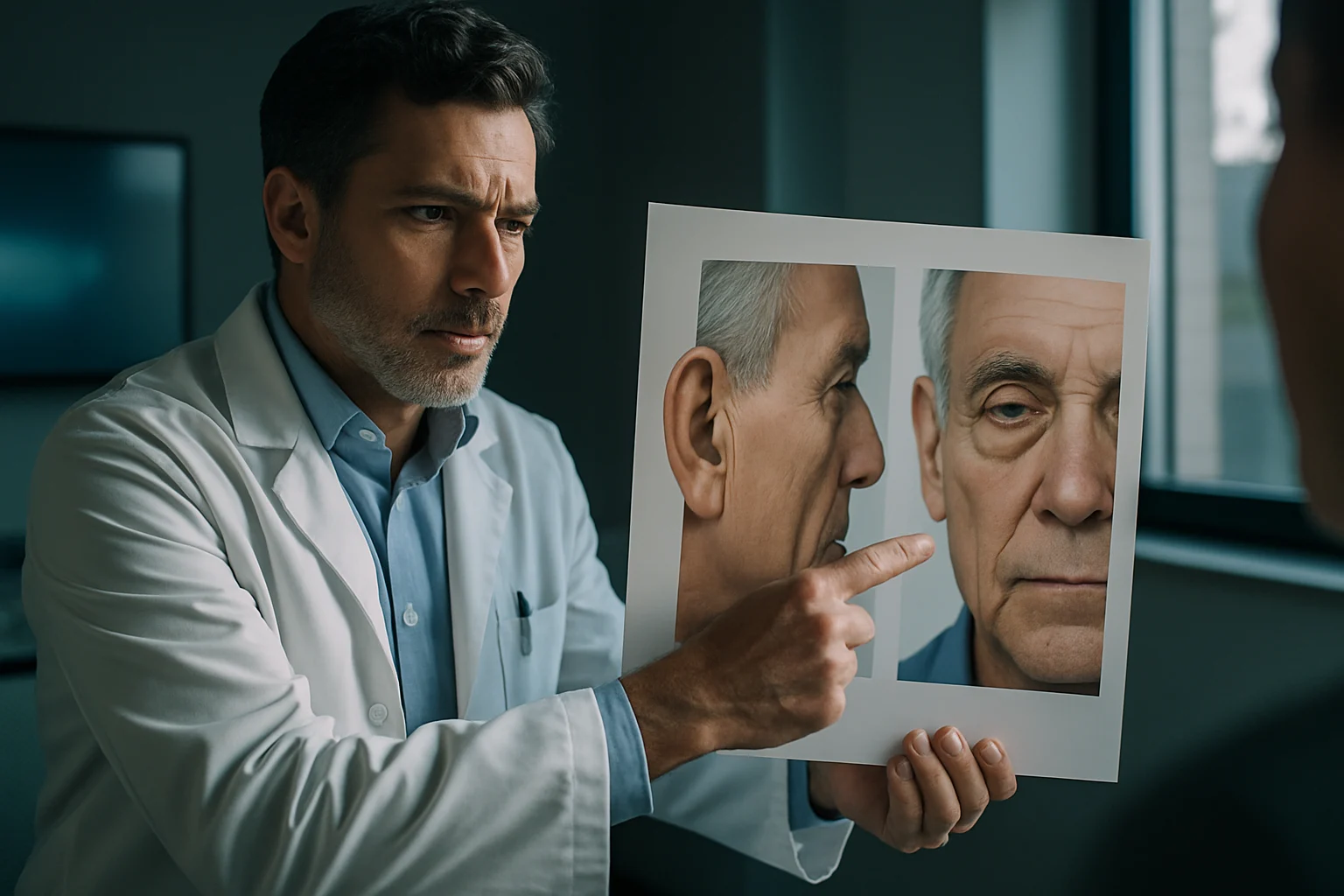 醫師指著耳垂摺痕和眼周黃斑示意圖