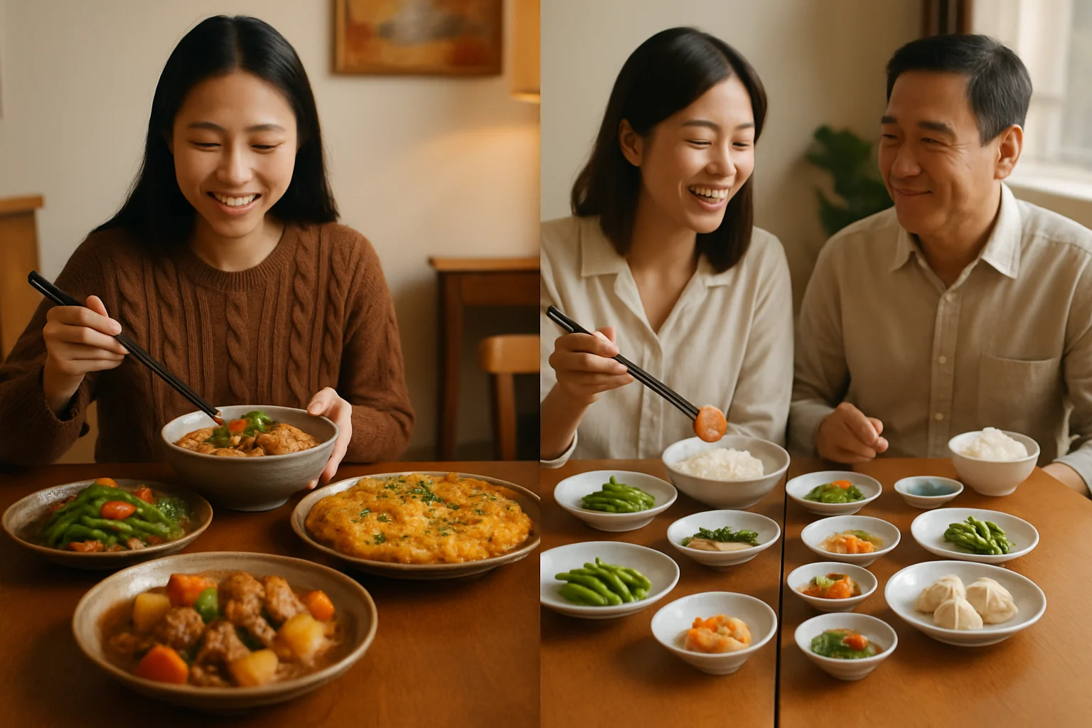 南北方不同的饮食文化对比，一边是北方大盘菜一边是南方精致小菜