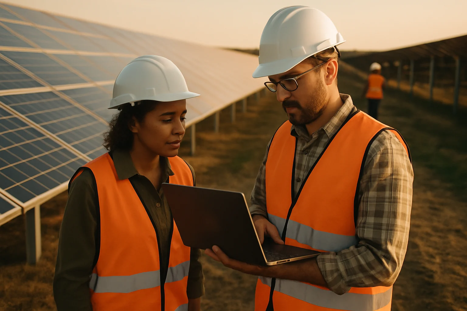 Massive commercial solar farm installation with rows of panels stretching to horizon under bright blue sky