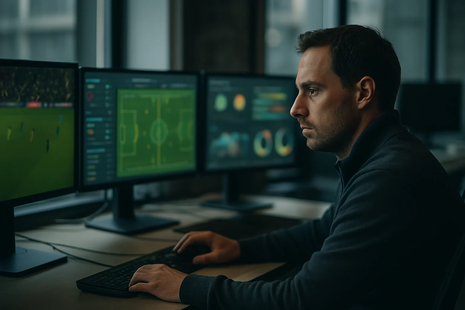 英超球隊技術分析師在電腦前分析比賽數據