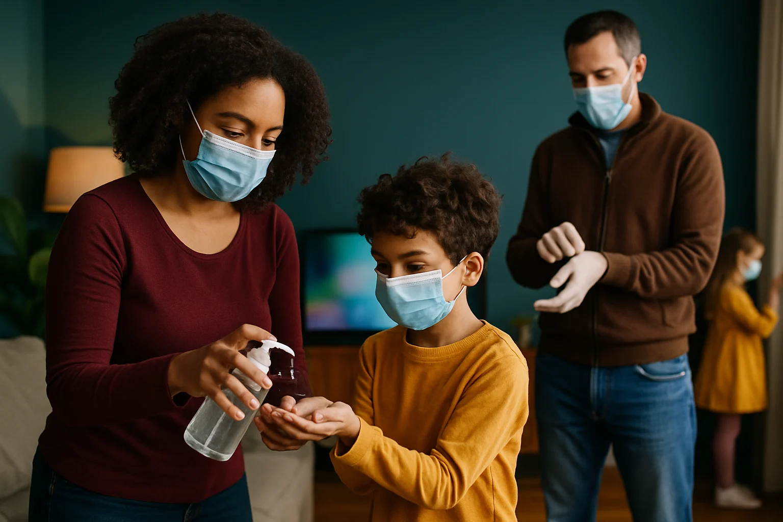 家庭内でできるコロナ対策の実践シーン、換気・手洗い・マスク着用・検査キット使用の様子を示すイラスト