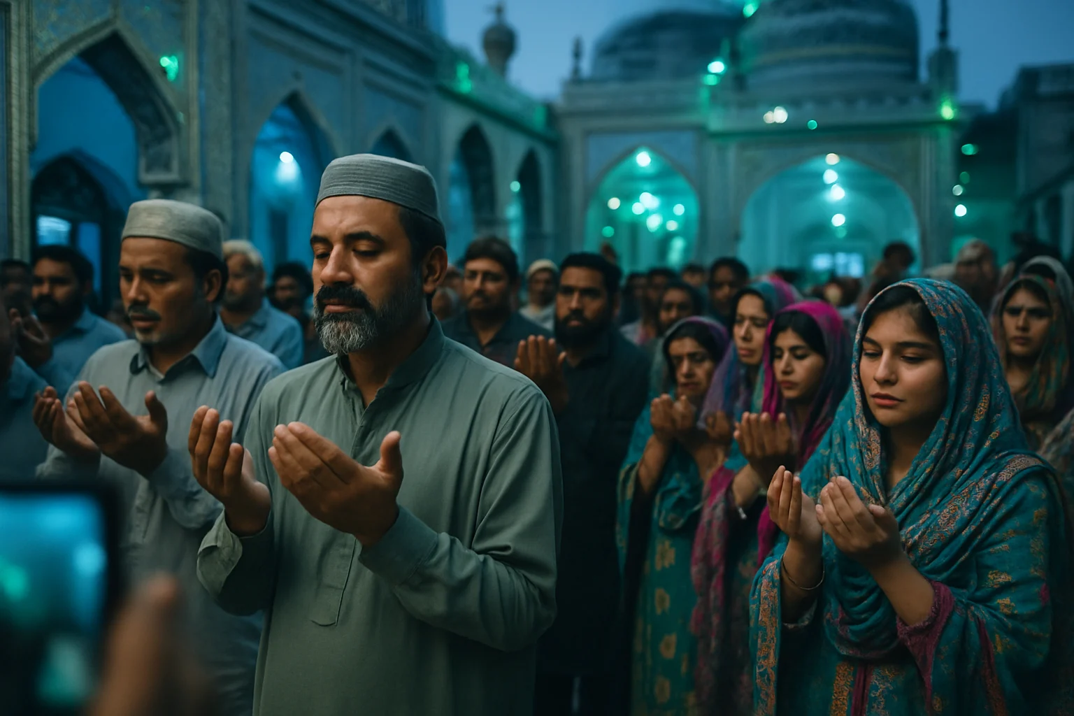 パキスタンの聖者廟で祈りを捧げる人々、色とりどりの布が飾られた美しい建物