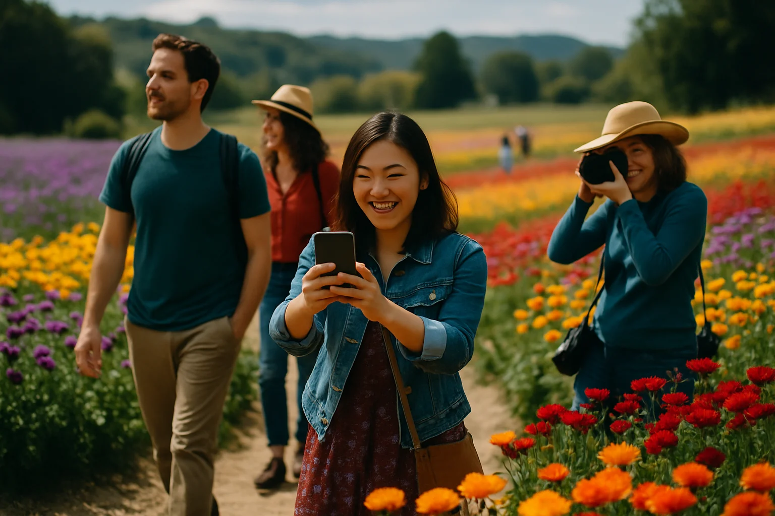 游客在江苏句容白兔镇伏热花海体验春日赏花活动