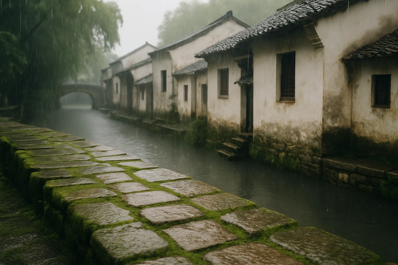 江南梅雨季节小桥流水人家的朦胧雨景