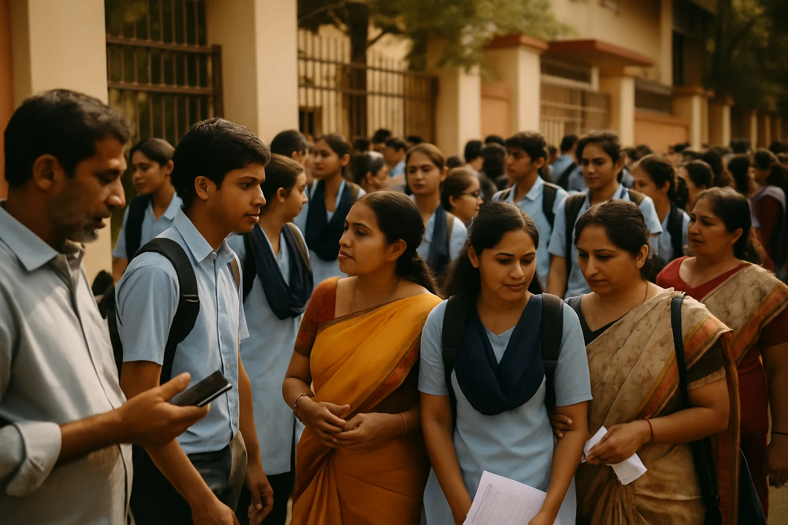 2nd PUC परीक्षा केंद्र के बाहर छात्र और अभिभावक, कर्नाटक 2026