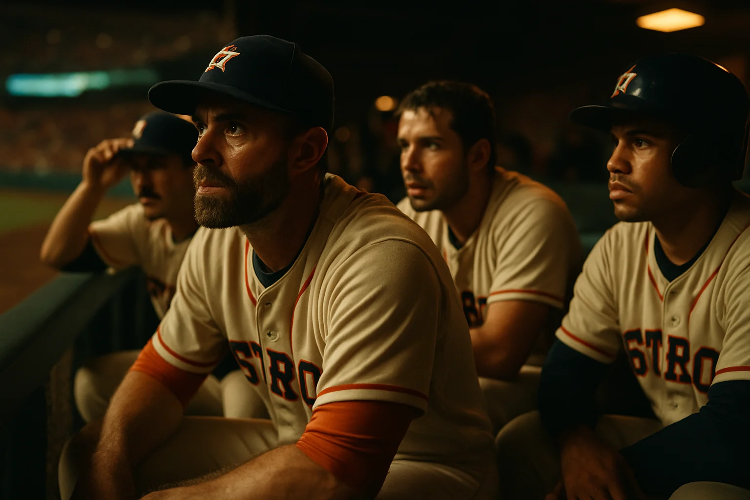 Astros players in dugout during intense game against Seattle Mariners showing focused determination