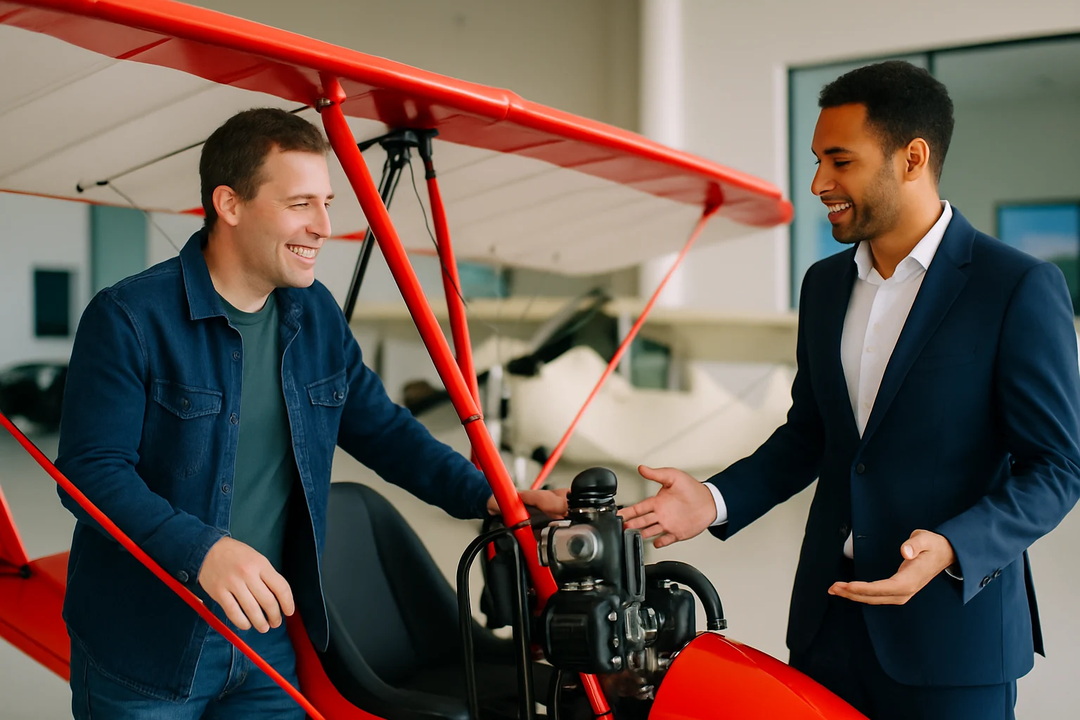 Customer taking delivery of Flying Flea C6 at Royal Enfield showroom with paperwork and keys visible