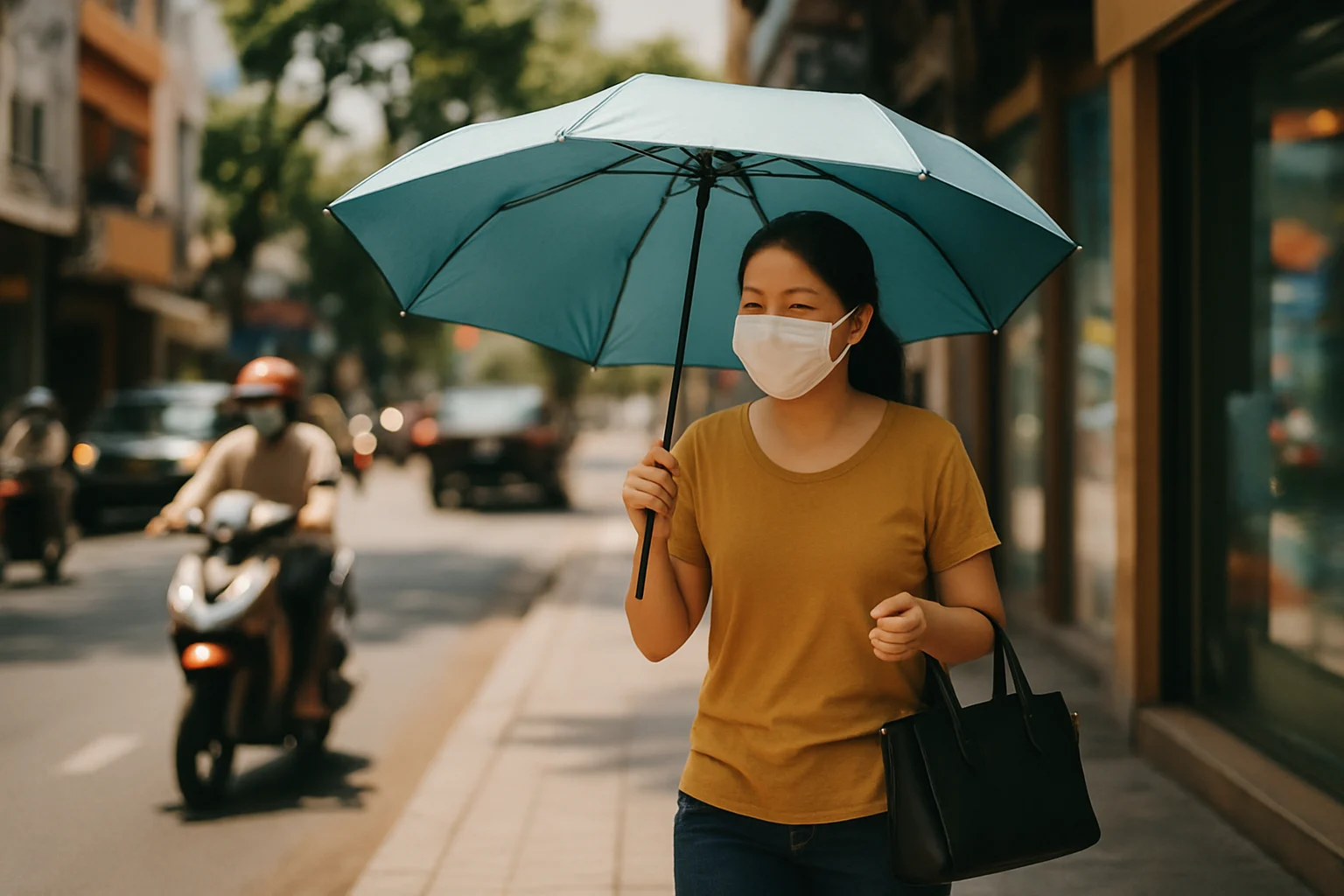 Người dân TPHCM che ô tránh nắng trên đường phố với nhiệt độ 37 độ C