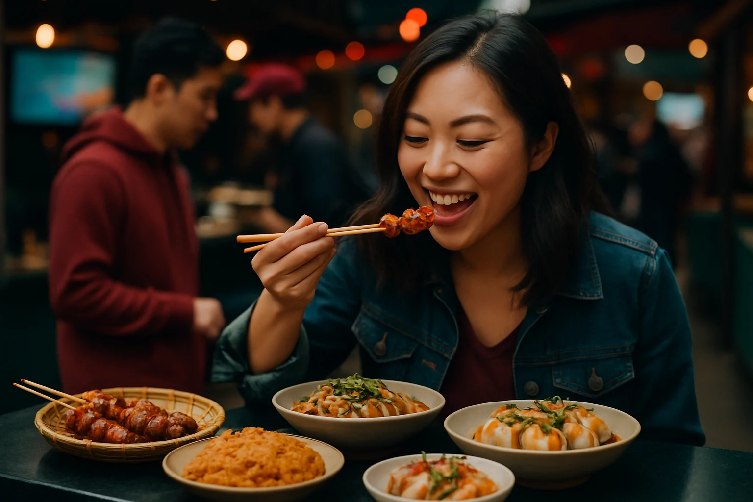 现代自助餐厅的食物展示区,各种美食整齐摆放