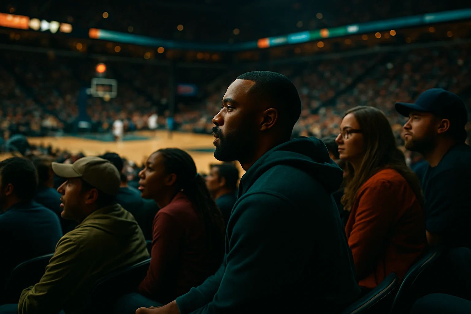 NBA球迷在客廳用大螢幕電視觀看免費直播比賽的場景