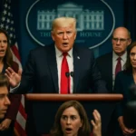 川普在白宮橢圓形辦公室宣布伊朗停火協議的記者會現場