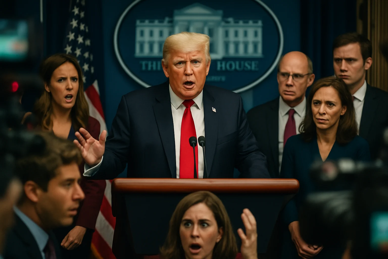 川普在白宮橢圓形辦公室宣布伊朗停火協議的記者會現場