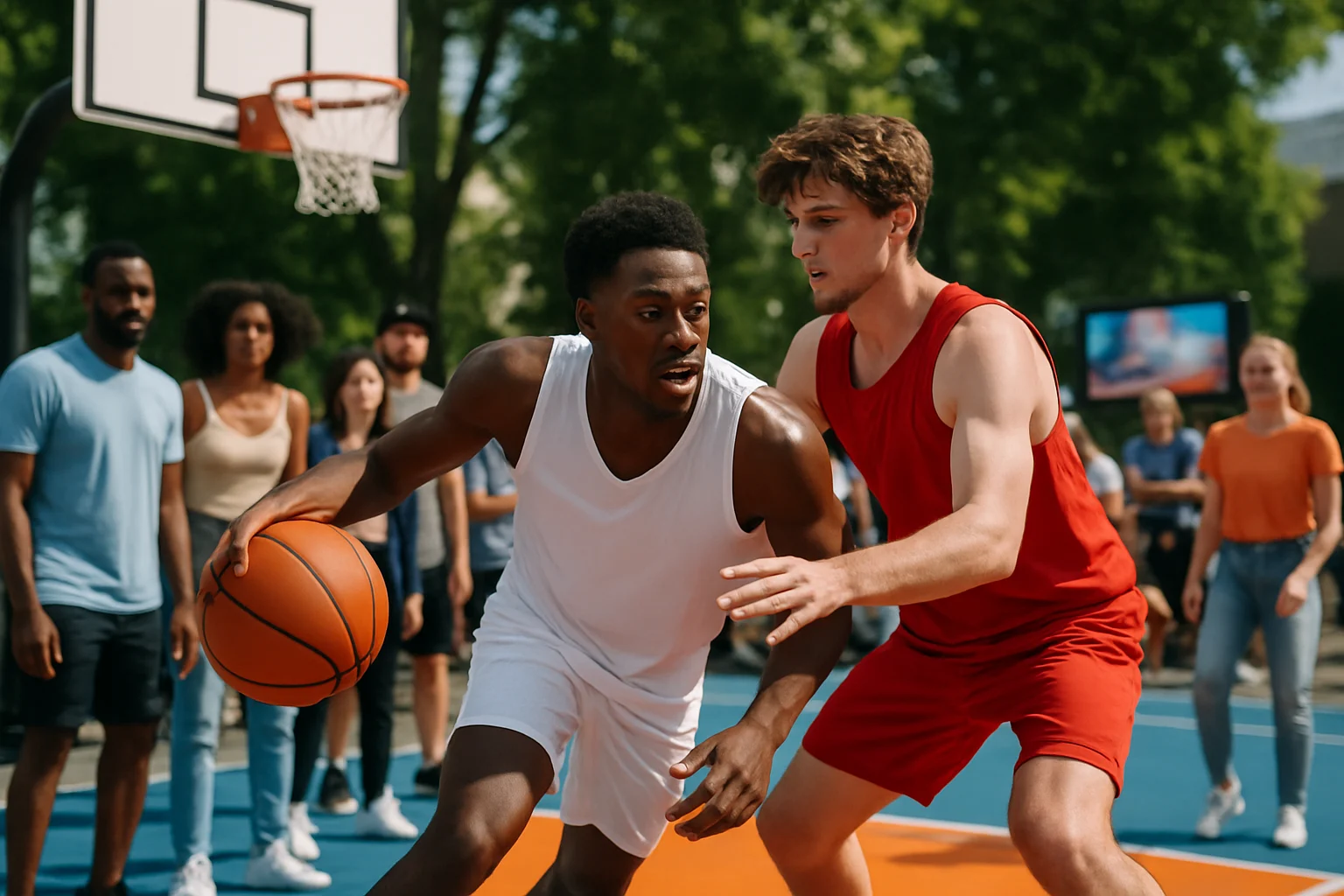 籃球新手學習運球,身體保持低姿勢,用指尖控制籃球,同時抬頭觀察球場