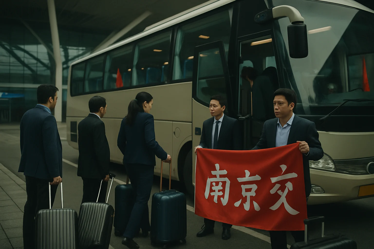 郑丽文访问团乘坐专车前往高铁站准备前往南京的现场画面