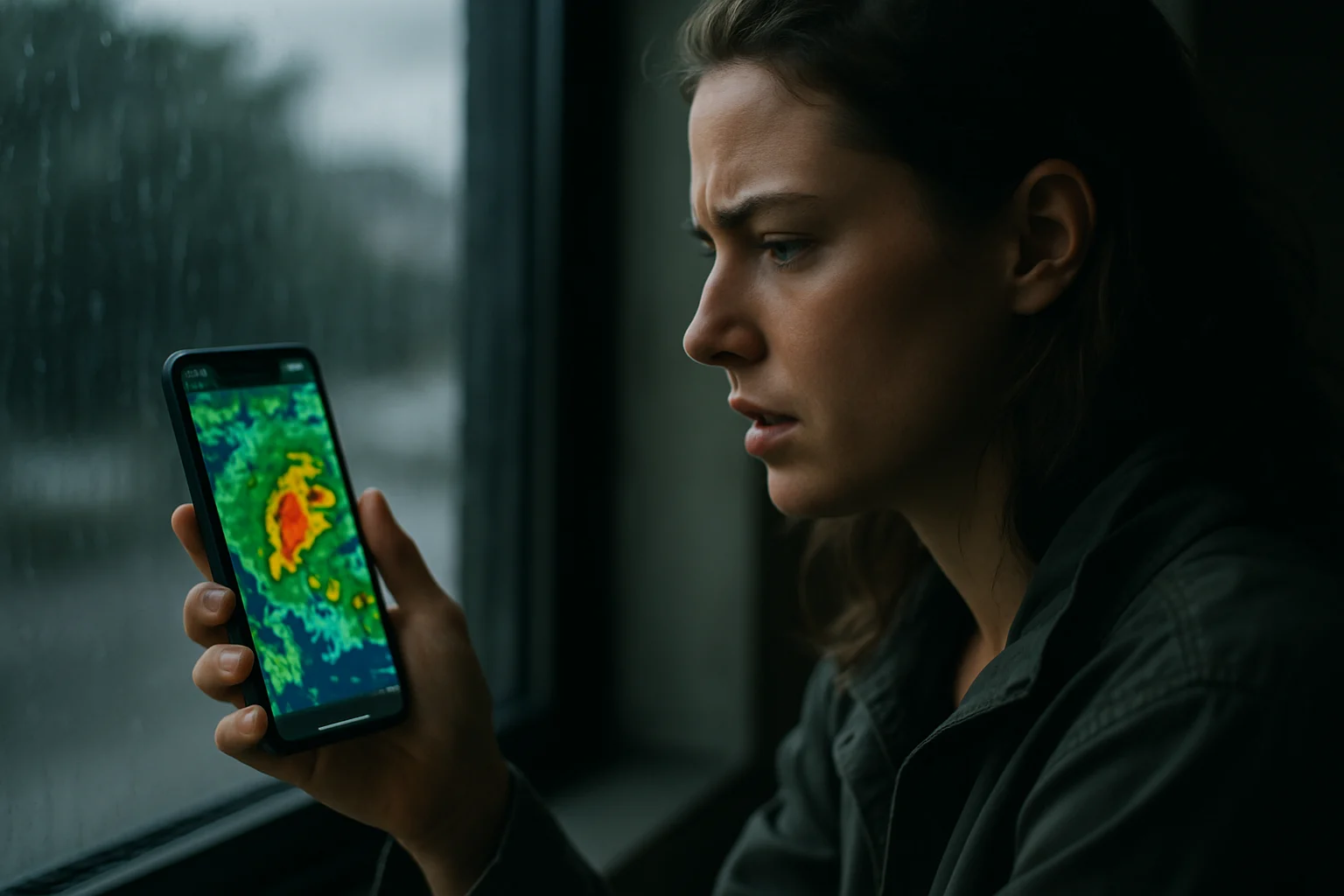 スマートフォンのウェザーニュースアプリで大阪の雨雲レーダーを確認している画面のアップ