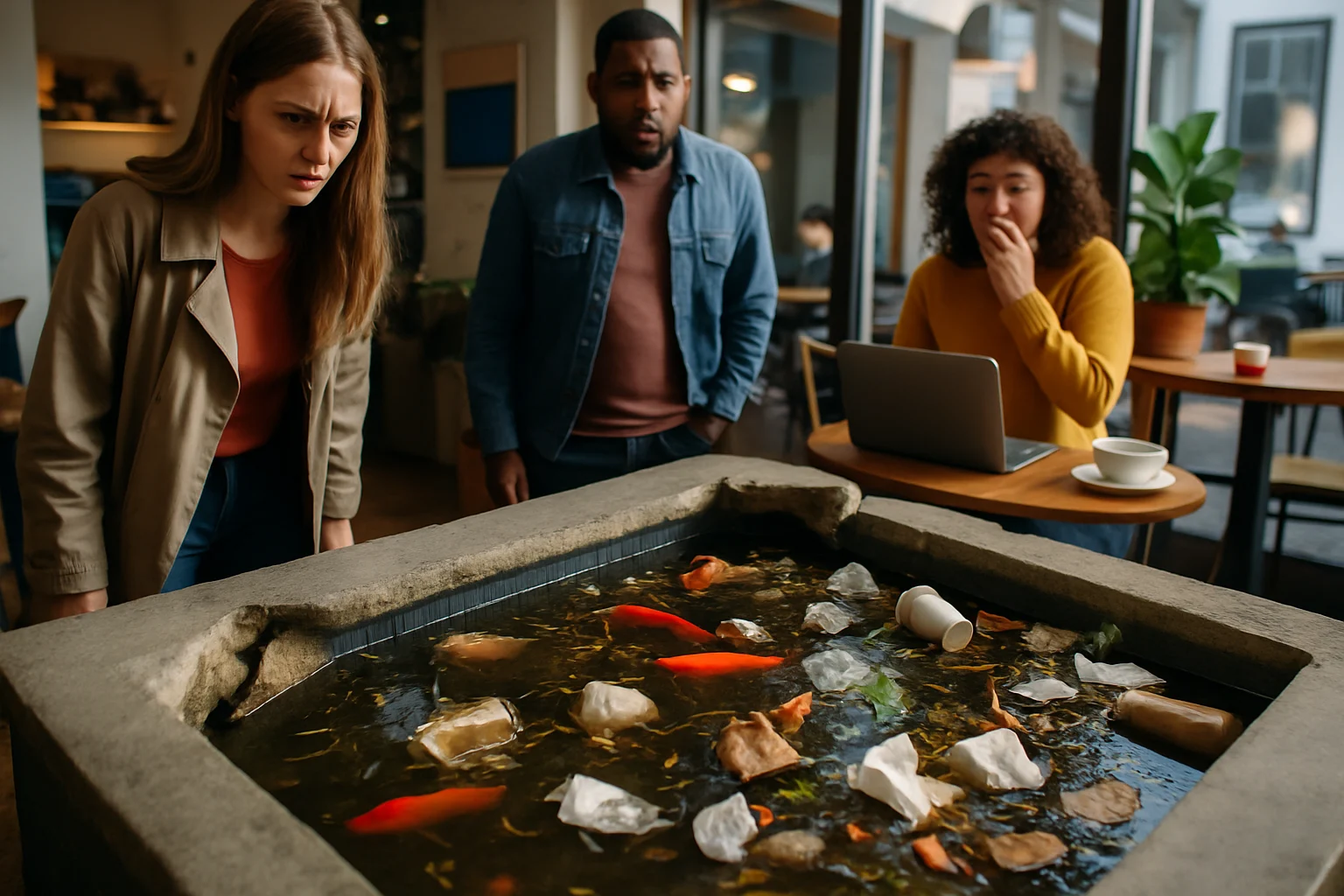 咖啡店内被顾客破坏的鱼池环境，有茶水和垃圾漂浮