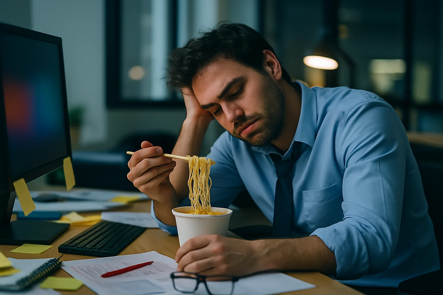 一个戴着耳机、面露疲惫的年轻人,在深夜的办公室里对着电脑工作,桌上放着一盒泡面和空酒瓶