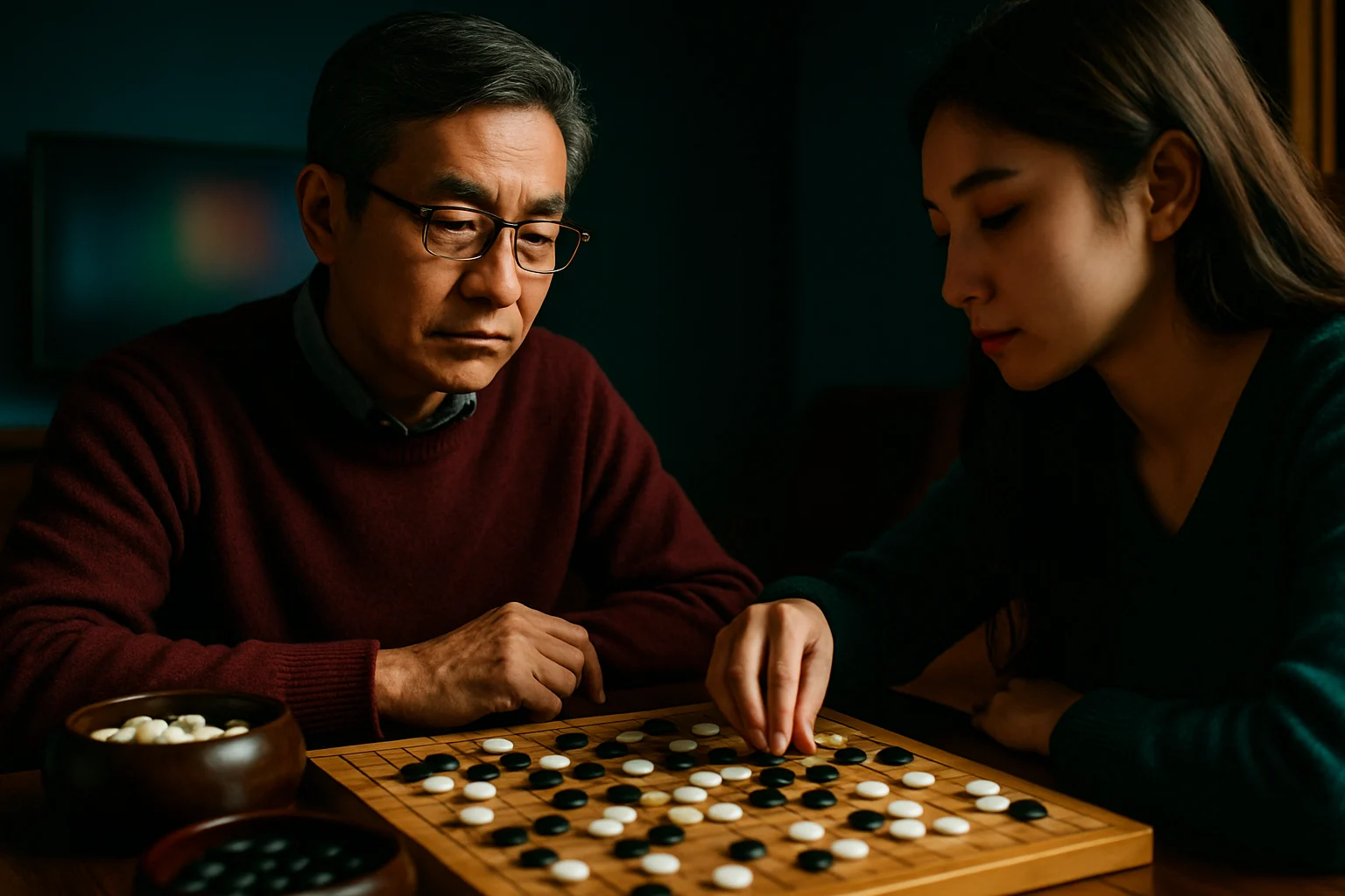 圍棋棋盤黑白棋子對局俯視圖,展示圍棋怎麼玩的基本布局與交叉點落子位置