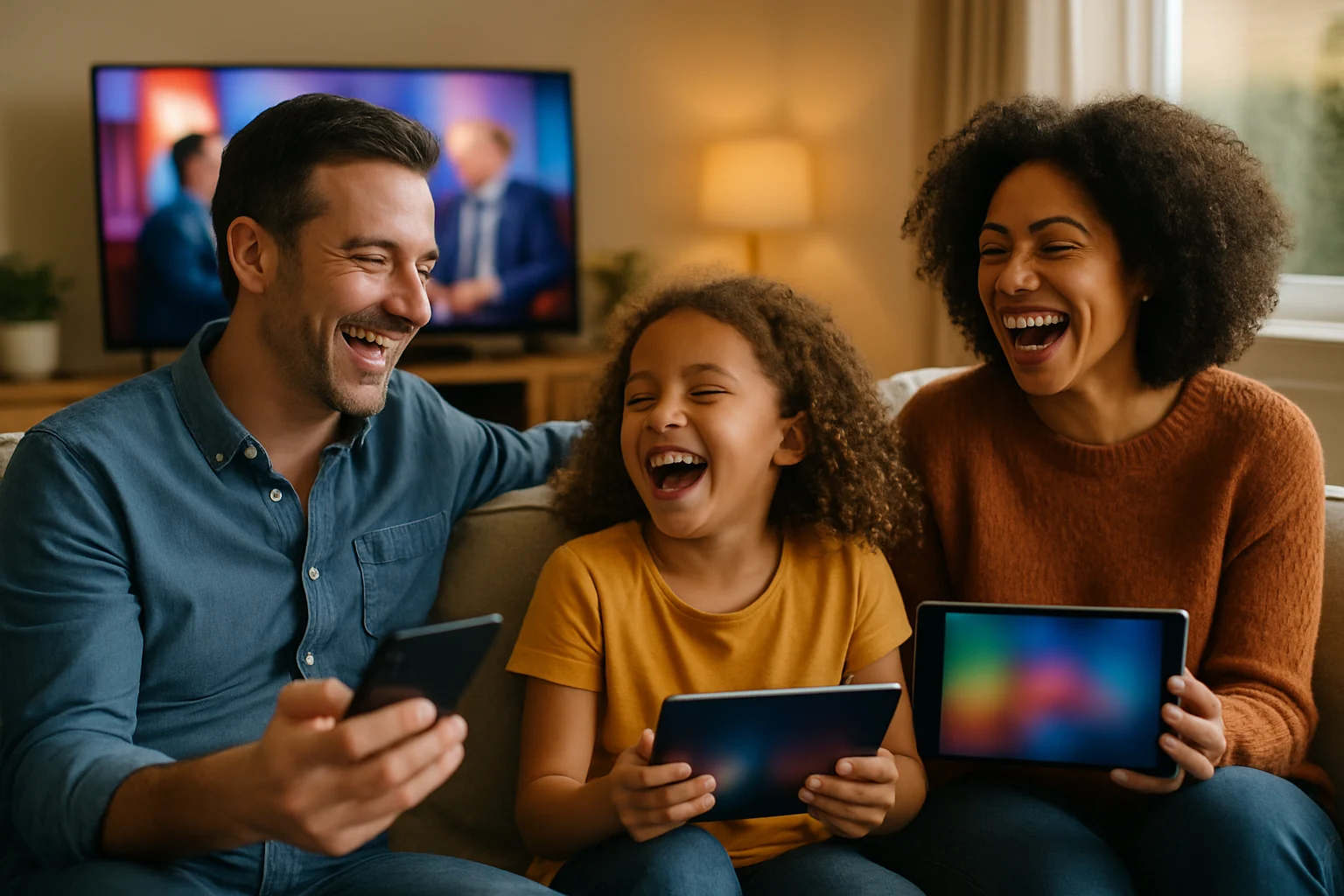 様々なデバイスでBBCの新コメディを楽しむ家族の様子