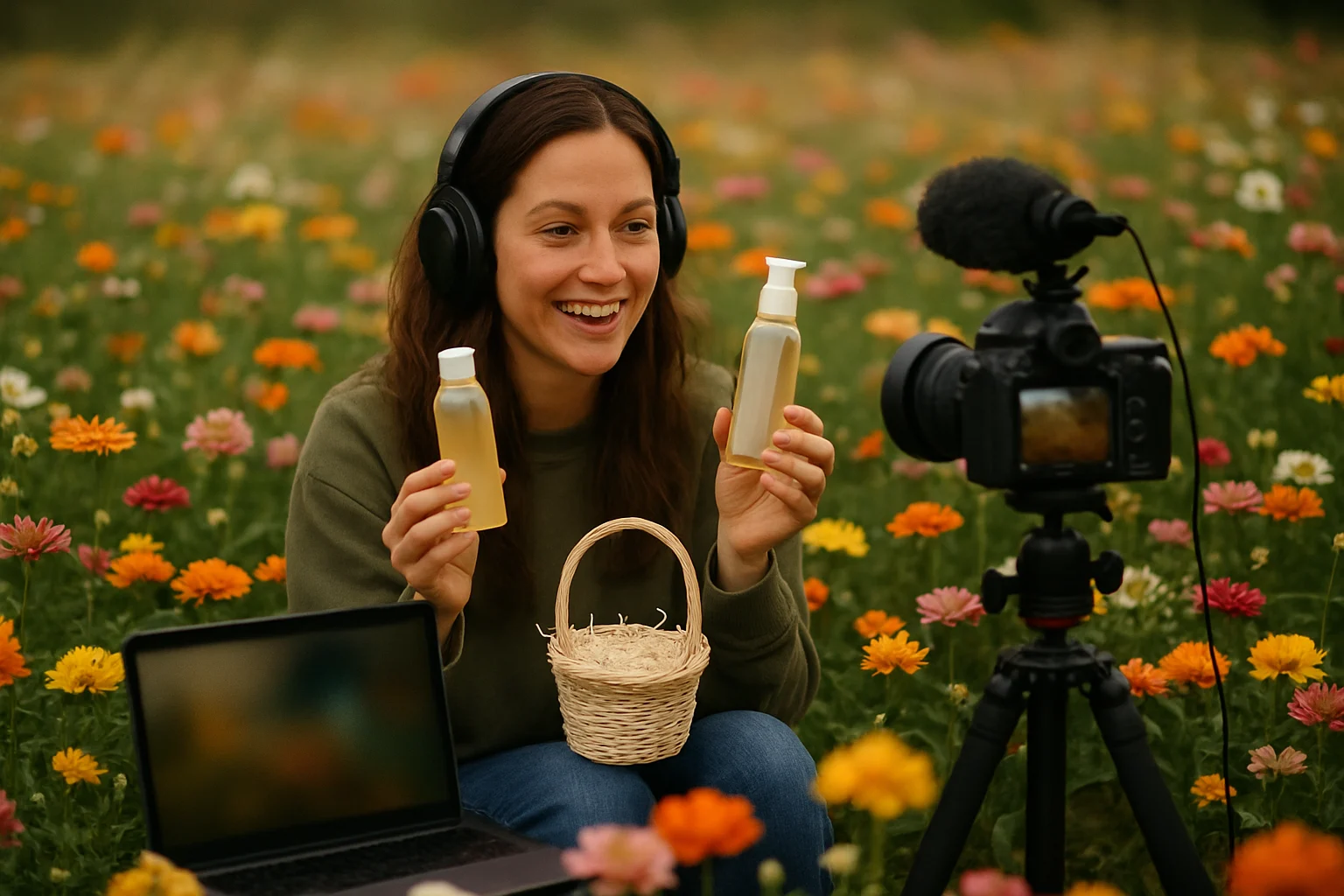 春日经济数字化场景：主播在花海中直播带货销售春日产品