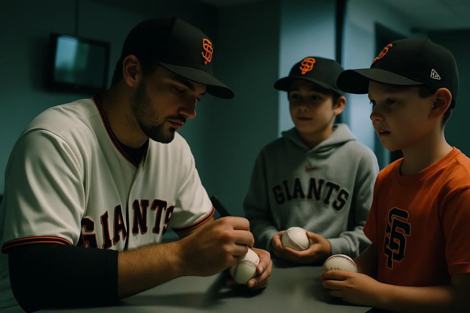 Daniel Susac signing autographs for young Giants fans before a game