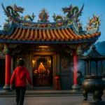 白沙屯媽祖鑾轎在鄉間小路上行進，數萬香燈腳徒步跟隨的震撼場面