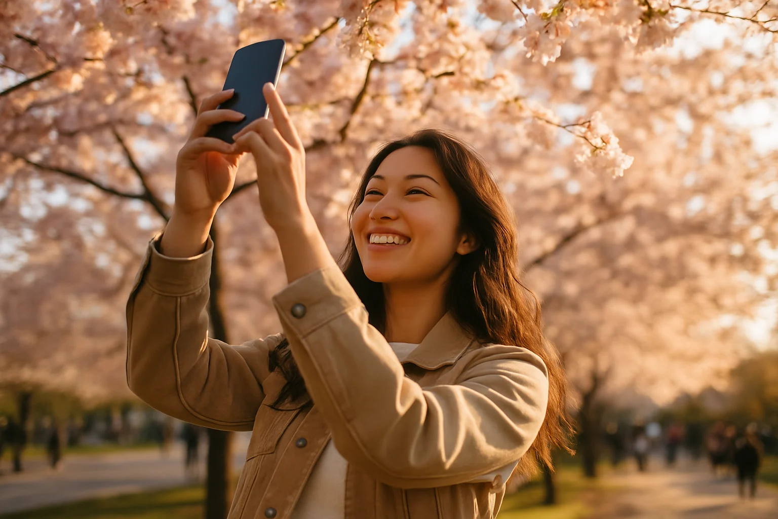 韓國首爾汝矣島漢江公園櫻花盛開與民眾賞花情景