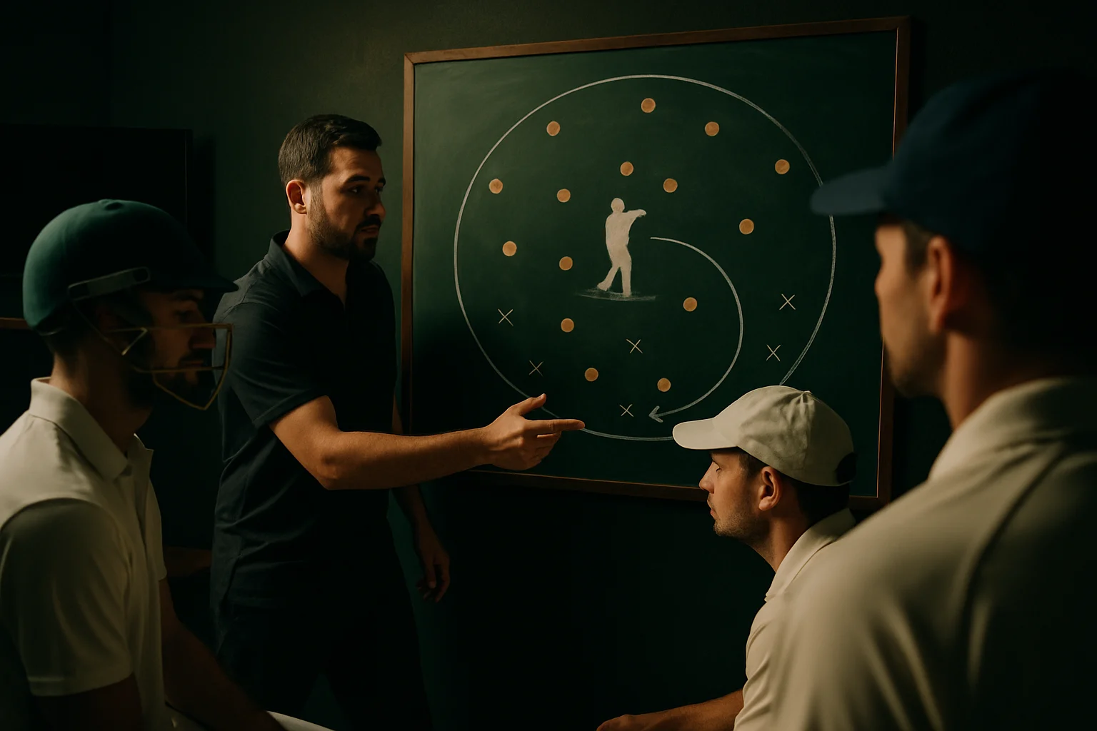 Cricket tactical diagram showing spin bowling field placements and batting strategies for ODI matches in Asian conditions