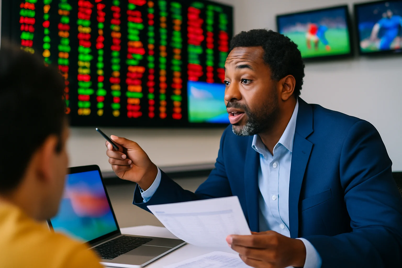 運彩專家分析師在電腦前研究盤口數據與賽事統計圖表