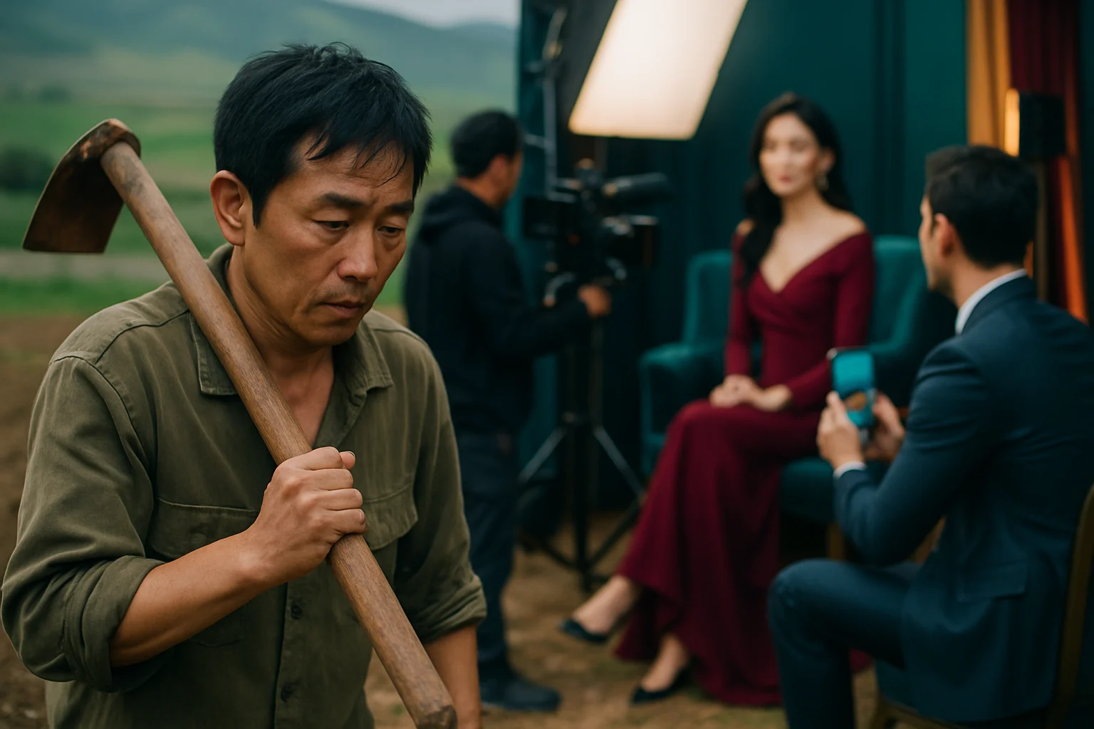 短剧演员张小磊在青海海东农田扛锄头务农,与霸总短剧拍摄现场形成对比