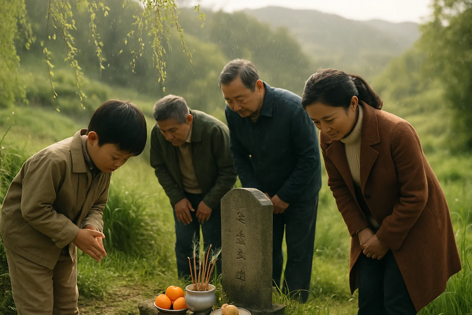 清明时节雨纷纷的春日景象，柳絮飞舞，人们踏青扫墓