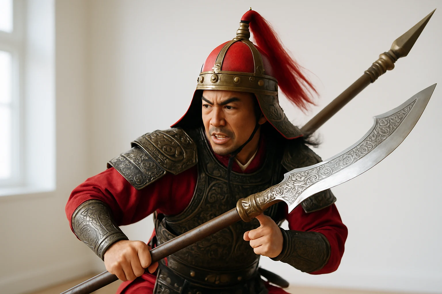 何润东手持方天画戟做出战斗姿态,一只脚在前,重心压低,戟尖指向前方