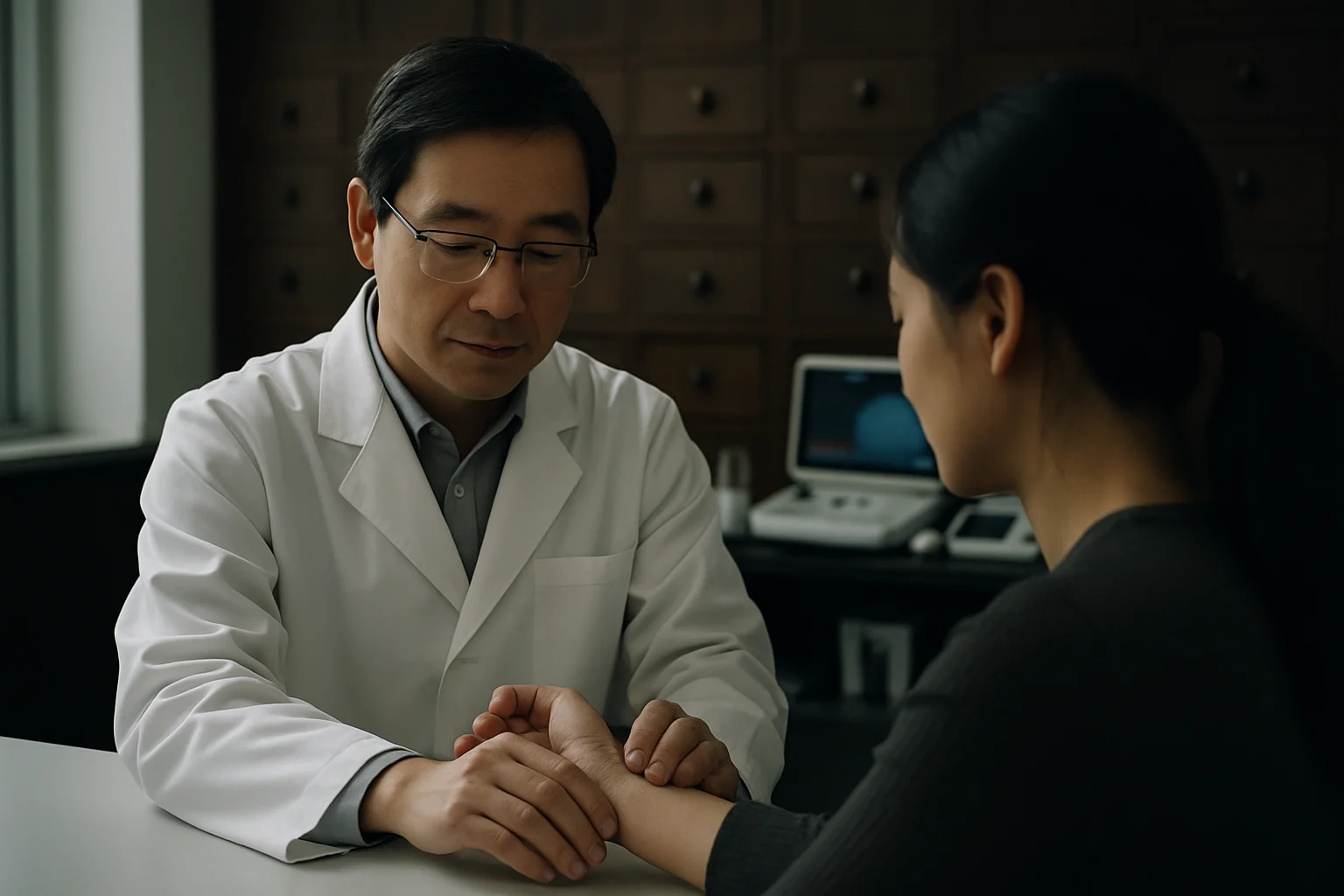 正规中医诊所内医生为患者把脉诊断的专业场景