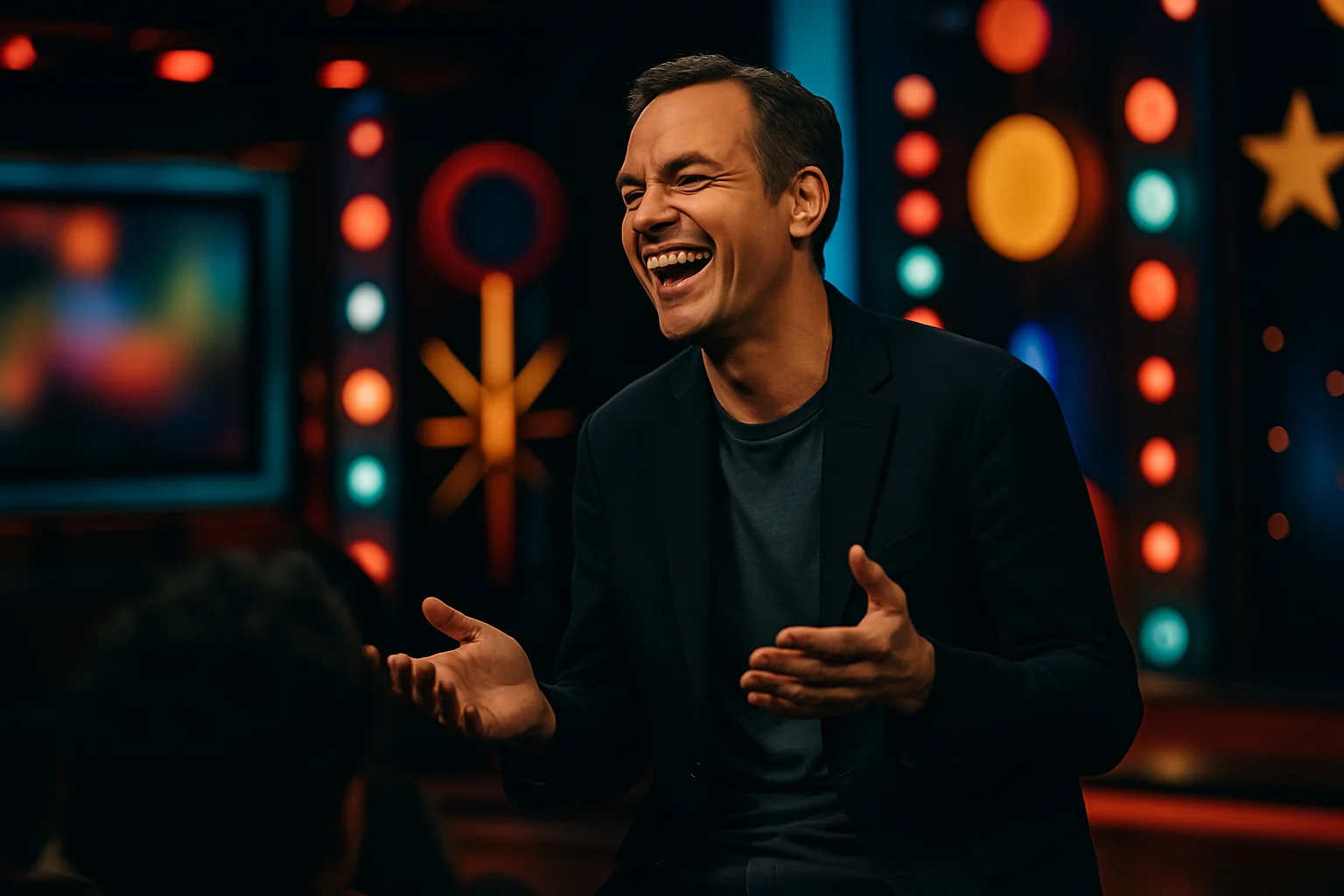 47岁邓超在综艺节目中展现自信幽默状态的镜头