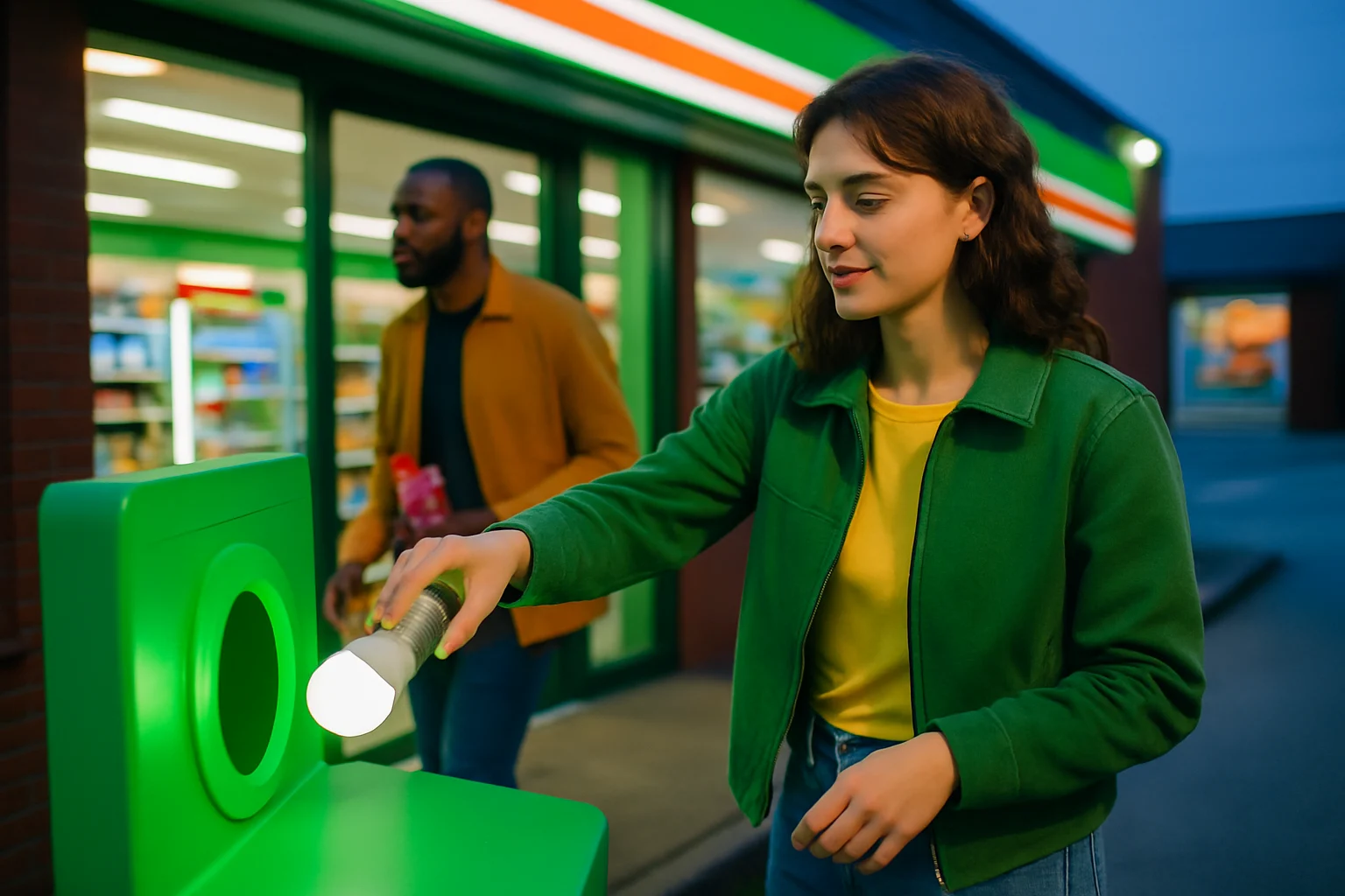 萊爾富綠色門市的環保設施展示,包含LED照明和回收設備