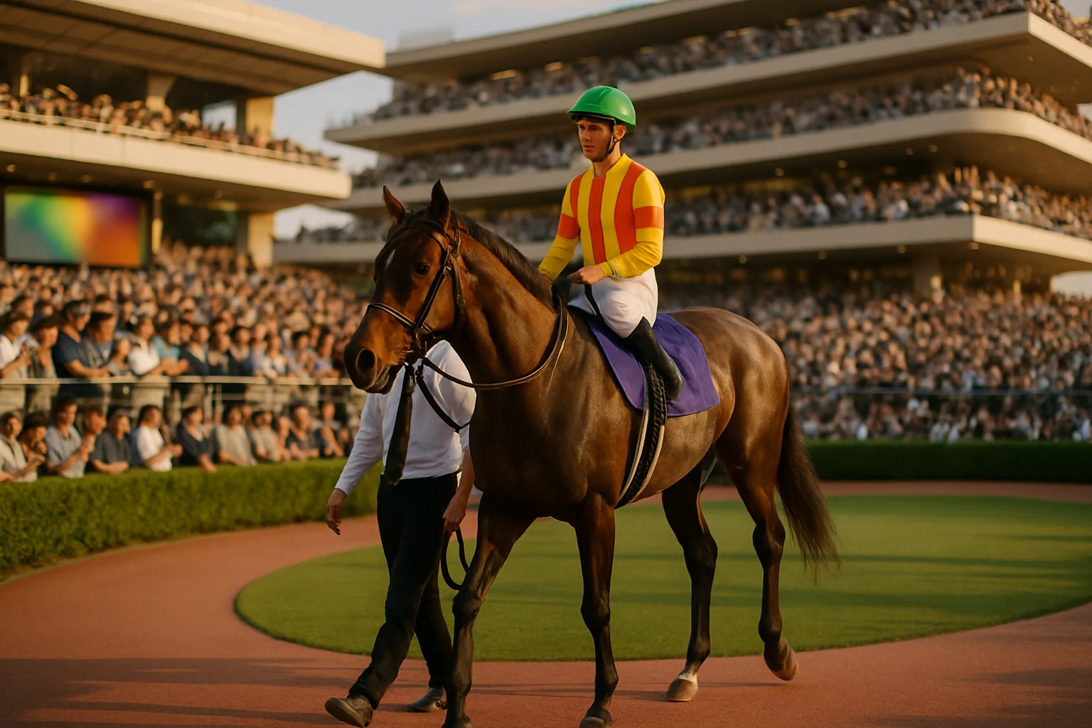 阪神競馬場のパドックを周回するダノンデサイルと騎手