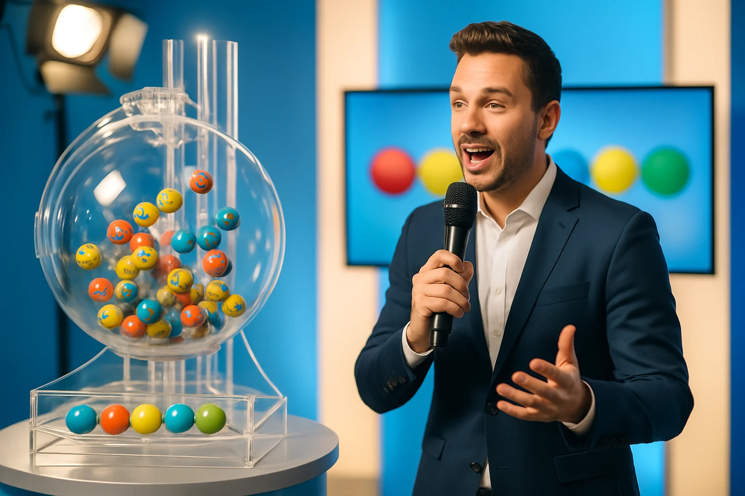 威力彩開獎現場直播畫面，顯示最新開獎號碼與獎金分配