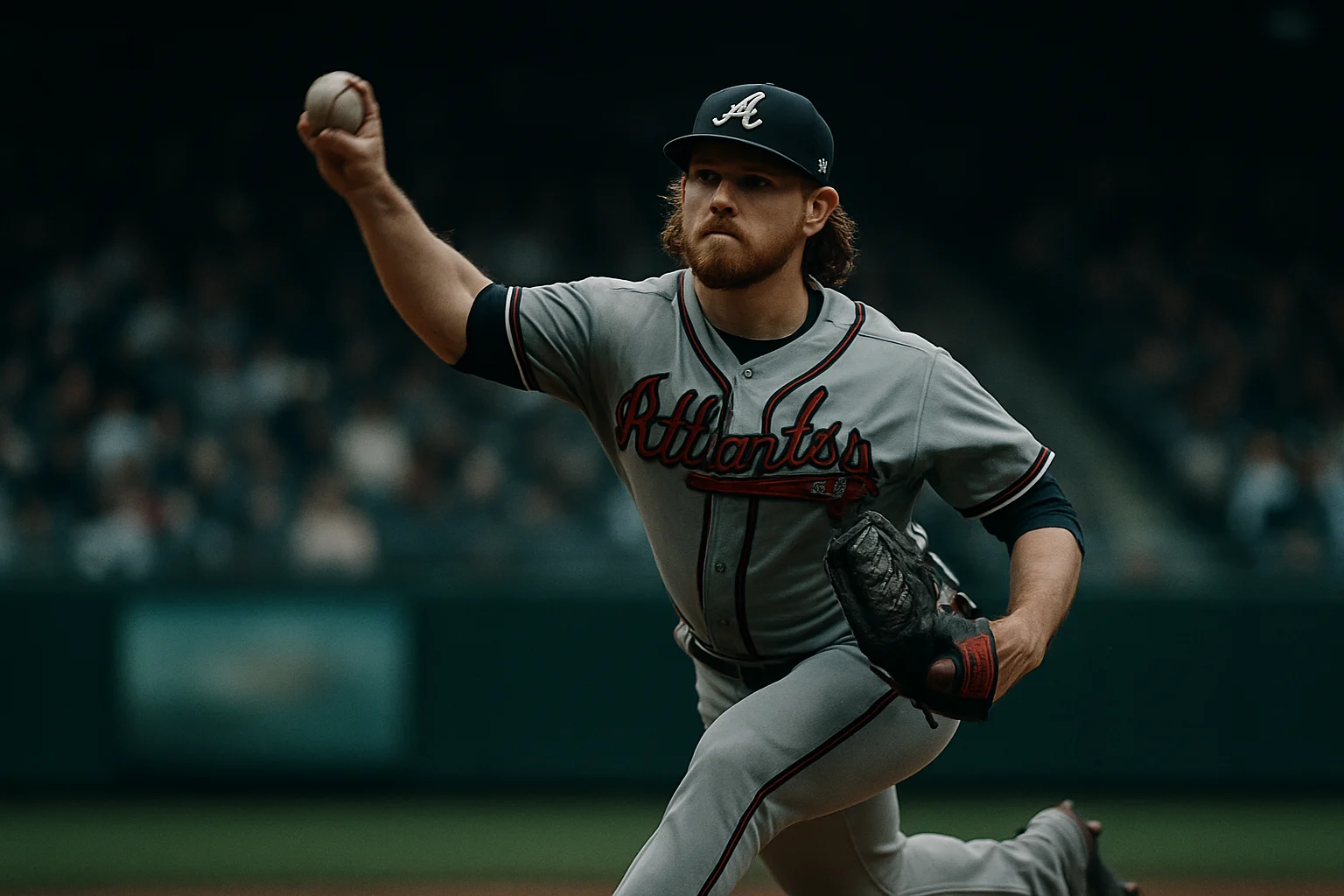 Atlanta Braves starting pitcher in mid-delivery at Truist Park with the full stadium crowd visible behind home plate during a 2026 regular season home game