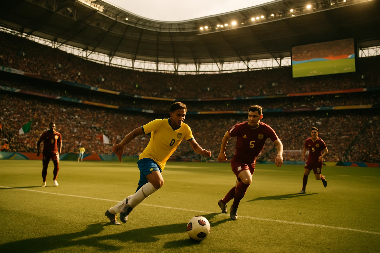 足球場上球員慶祝進球的瞬間,比分牌顯示2-1