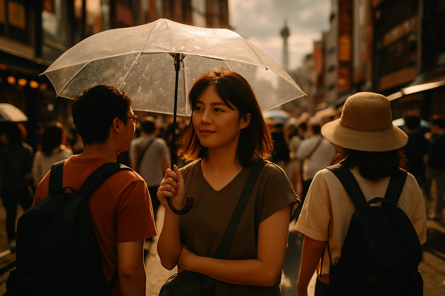 大阪・道頓堀の夕暮れ時、スマートフォンで天気予報を確認しながら歩く観光客の様子