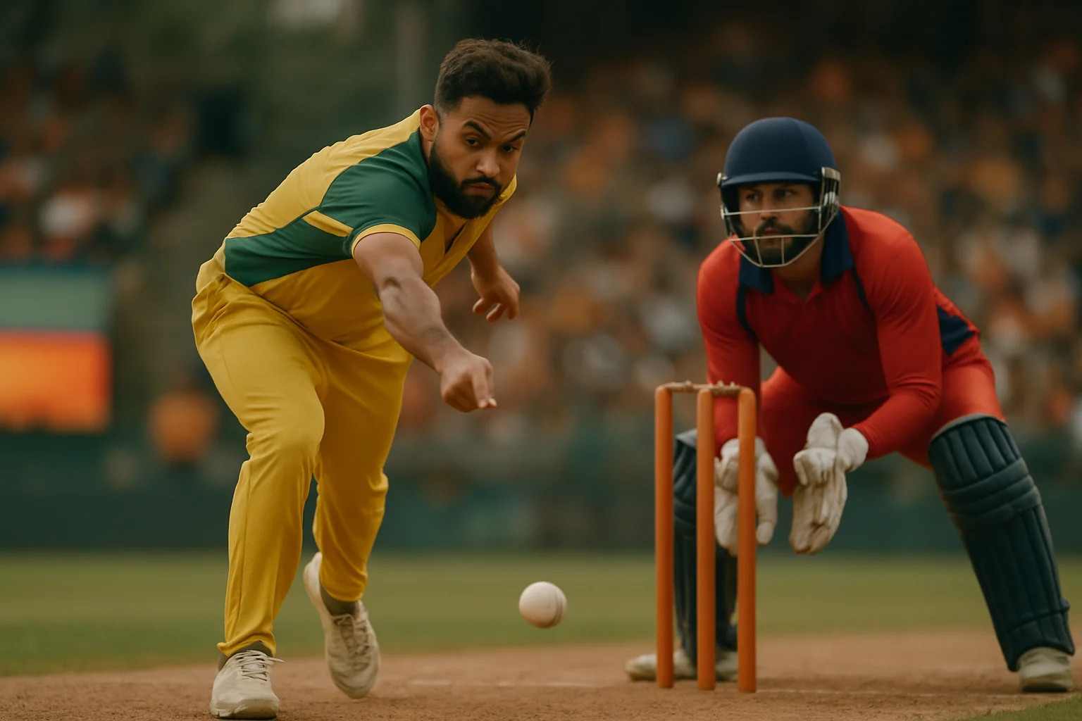 T20 bowler delivering yorker ball with wicket keeper ready