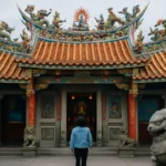 白沙屯媽祖粉紅超跑鑾轎行進在鄉間道路上，信眾跟隨徒步進香