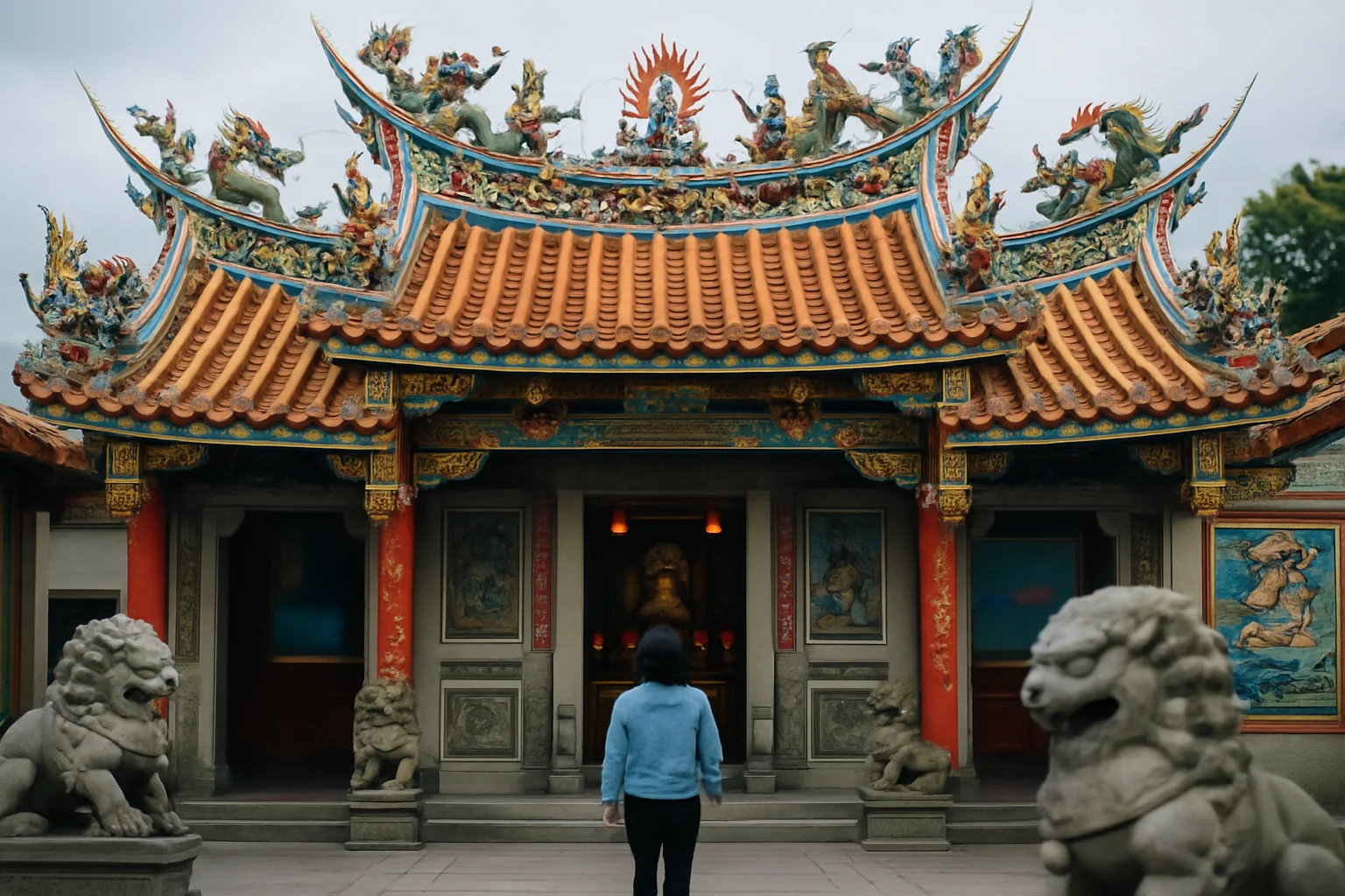 白沙屯媽祖粉紅超跑鑾轎行進在鄉間道路上，信眾跟隨徒步進香