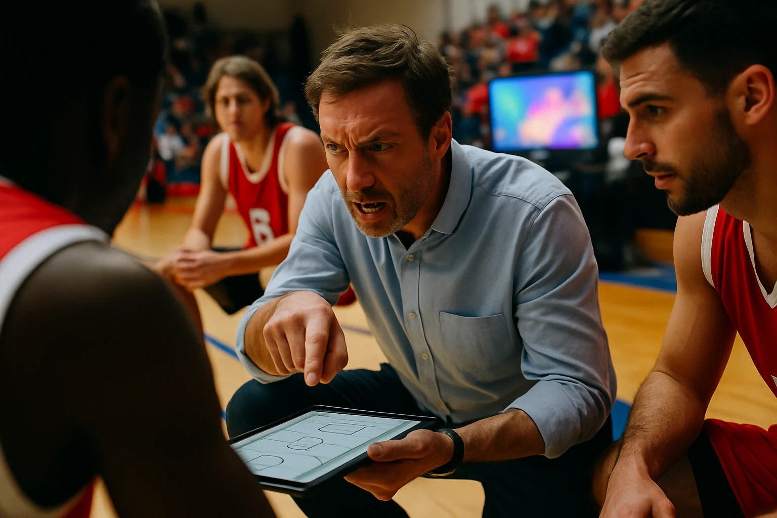 A coach on the sidelines, intensely strategizing during a basketball game, with team huddles in the background